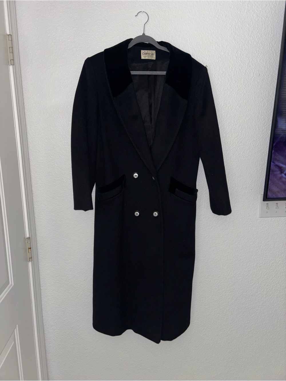 Vintage Cathy-Jo Black Wool Maxi Coat Velvet Collar Made in USA M/L - Picture 2 of 8